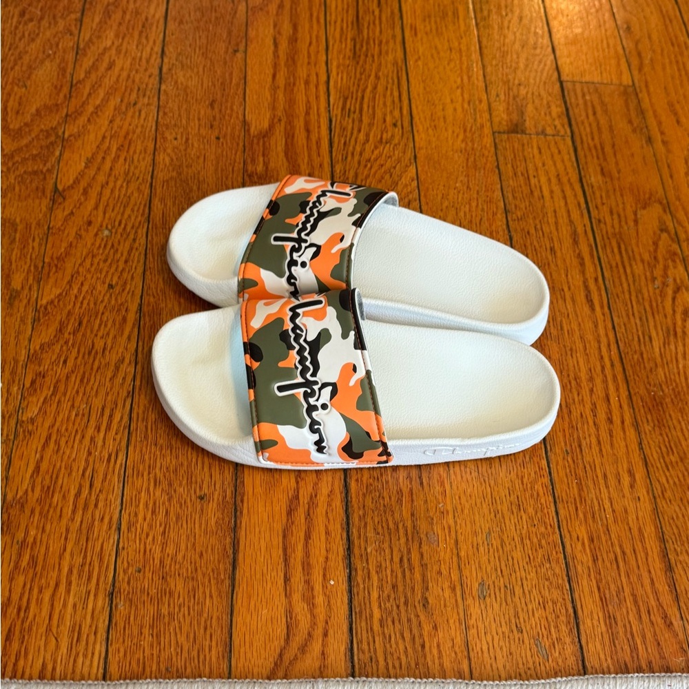 Kids Camo Slide Sandals - White and Orange; Champion is 2Y